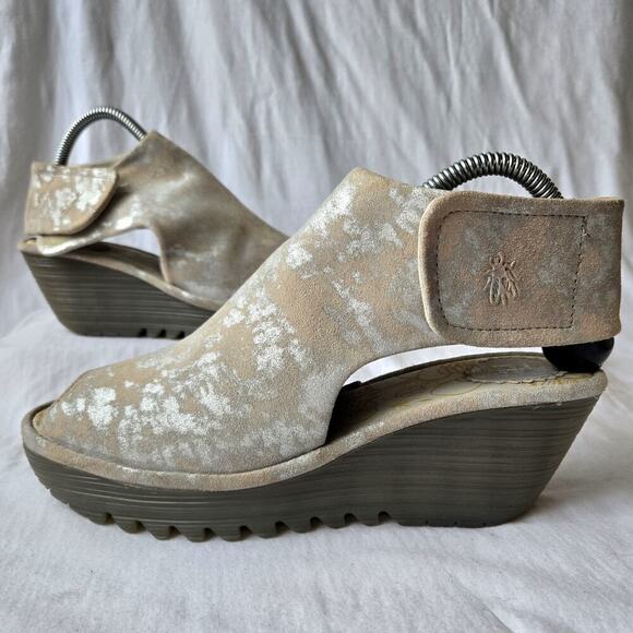 Fly London Yone Womens Suede Wedge Peep Toe Sandals Rose/Silver Size 39/US 8-8.5 - Picture 1 of 9